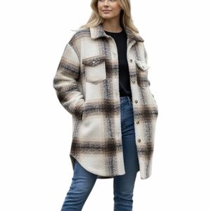 JOIE,Brown / Crème Plaid Shacket Long Woven Jacket
